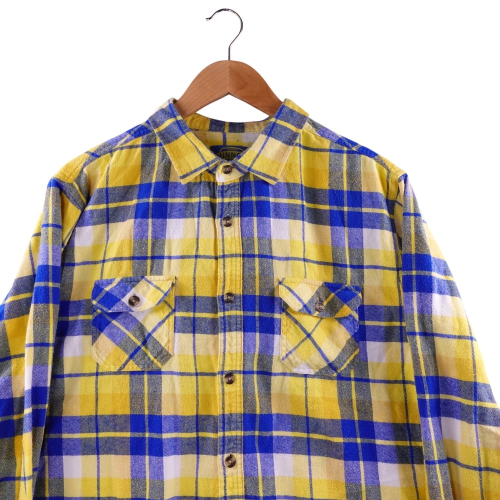 Angry Minnow Flannel Co Mens 2XL Yellow Blue Plaid  Button Up Long Sleeve Shirt‎